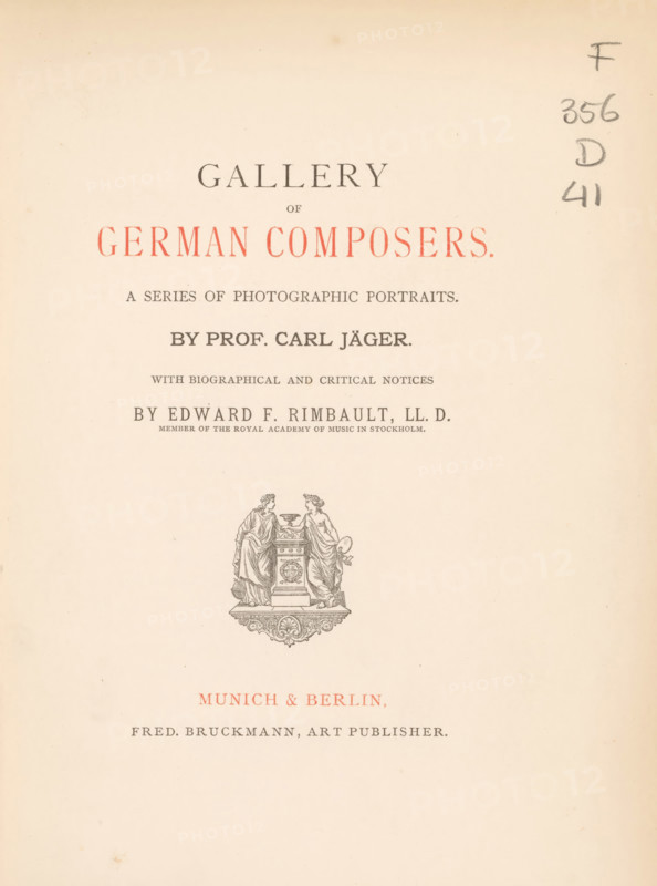 Gallery of German composers a series of photographic portraits, book, inscription: 'Xmas 1876. Dr.s. & MRS Blackburn with the best wishes of: ... Bennett Salina Bennett. Lina Bennett Hugh Bennett. J.B. Bennett.', c. 1875, textile materials, paper, linen (material), albumen print, color on cut, height 227 mm x width 175 mm x thickness 25 mm, A cream-colored page with printed headings in dark and red ink arranged near the top and center, a vertical pencil notation near the upper right edge, a small classical-style engraving of two robed figures standing beside an ornate pedestal with decorative motifs located below the central text area, and otherwise empty margins and background with slight age spots and discoloration.