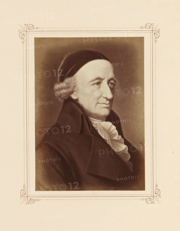 Photo reproduction of a portrait of Christoph Martin Wieland, photograph, reproduction, page, photographer: Friedrich Bruckmann (possibly), after painting by Anton Graff (possibly), c. 1868 - in or before 1878, paper, albumen print, height 154 mm x width 110 mm, Person, Christoph Martin Wieland, writer, poet, author, A sepia-toned portrait of an older man shown from the shoulders up, wearing a dark coat with a high collar and a ruffled white cravat, with curly hair at the temples partly covered by a dark cap, a solemn facial expression with visible wrinkles around the eyes and forehead, and a neutral background; the portrait is set within a decorative bordered mount with simple ornamental corner flourishes on a pale paper.
