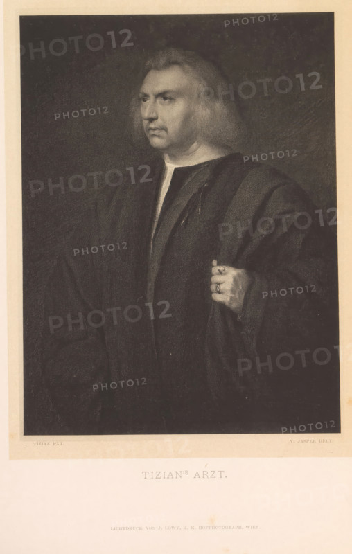 Photo reproduction of a drawing after a painting, depicting a portrait of the physician Gian Giacomo Bartolotti da Parma, Tizian's Arzt, reproduction, page, photomechanical print, cliché maker: Josef Löwy, Vienna, after drawing by V. Jasper, after painting by Titiaan, c. 1878 - in or before 1883, Josef Löwy, V. Jasper, Titian, photographer, cliché maker, after drawing by, after painting by, Lower Austria, paper, collotype, light print, height 166 mm x width 124 mm, Person, Gian Giacomo Bartolotti da Parma, physician, doctor, A monochrome portrait of a man shown from the waist up wearing a dark robe with a lighter collar visible at the neck, his face turned slightly to one side with medium-length hair framing his head, a serious expression, and one hand raised to hold the robe near his chest where a ring is visible on a finger; the background is dark and plain and the portrait sits within a lighter border on aged paper.