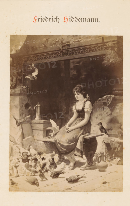 Photo reproduction of a painting by Friedrich Hiddemann, depicting a woman on a bench in a courtyard with birds, Friedrich Hiddemann, photograph, reproduction, page, photographer: Franz Hanfstaengl (possibly), Munich, c. 1875 - c. 1885, Bavaria, paper, albumen print, height 134 mm x width 98 mm, Photo on page 2., picture, painting, birds, adolescent, young woman, maiden, A sepia-toned illustration shows a young woman seated on a wooden bench in a rustic interior, wearing a dress with short puffed sleeves and an apron, her hands resting in her lap and her head slightly bowed. Around her on the floor and on the bench there are many pigeons and small birds, some perched and some walking, and one bird is perched on her shoulder. To the left of the woman a large stone hearth or ledge holds a tall pitcher and other vessels, and a hanging ladle is visible on the side. Above the scene an elaborately carved wooden beam with decorative motifs runs across the top, and a bundle of straw or a tasse...