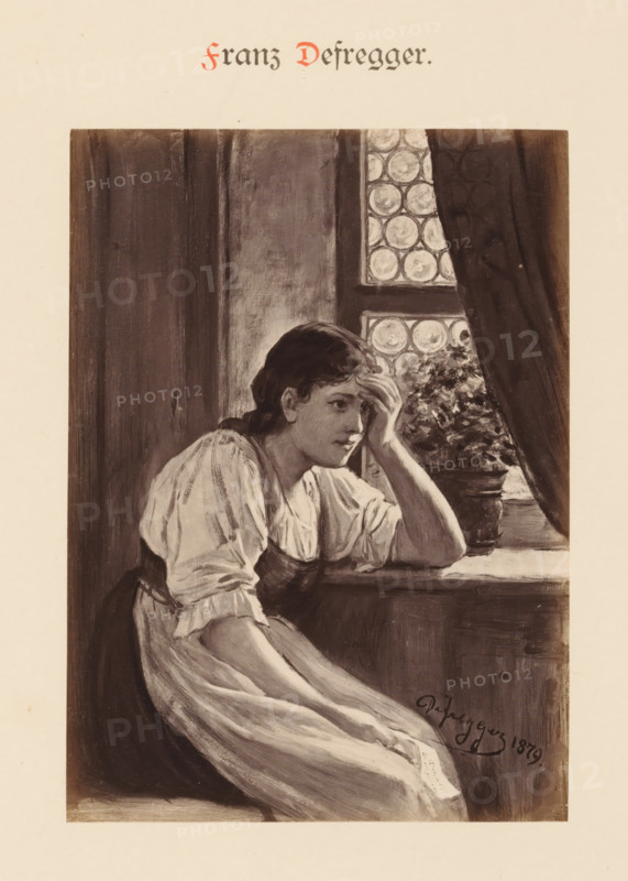 Photo reproduction of a painting by Franz von Defregger, depicting a portrait of a young woman at a window, Franz Defregger, photograph, reproduction, page, photographer: Franz Hanfstaengl (possibly), Munich, after painting by Franz von Defregger, c. 1879 - c. 1885, Bavaria, paper, albumen print, height 132 mm x width 96 mm, Photo on page 8., picture, painting, adolescent, young woman, maiden, closed window, A grayscale illustration of a young woman seated by a window, leaning on her elbow with one hand resting on her forehead and the other arm folded on the windowsill, wearing a loose, light-colored blouse with rolled sleeves and a darker apron or skirt, her dark hair pulled back, a potted plant visible on the sill beside her, a patterned leaded window behind her with circular panes partly covered by a dark curtain, and a plain interior wall and wooden paneling forming the background.