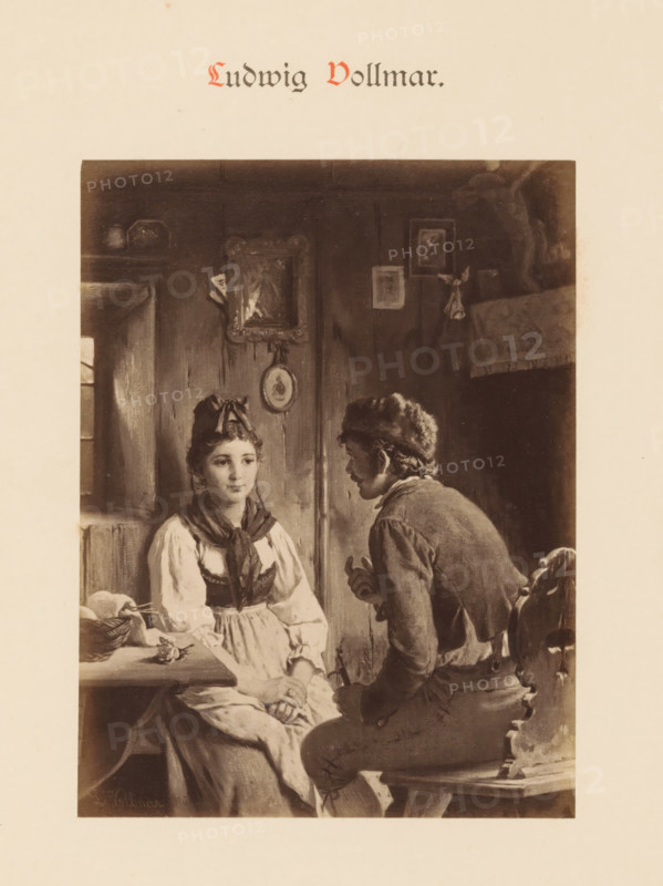 Photo reproduction of a painting by Ludwig Vollmar, depicting a man and a woman at a table in a house, Ludwig Vollmar, photograph, reproduction, page, photographer: Franz Hanfstaengl (possibly), Munich, c. 1880 - c. 1885, Bavaria, paper, albumen print, height 127 mm x width 96 mm, Photo on page 14., picture, painting, adult woman, adult man, interior of the house, A sepia-toned illustration shows a young woman seated at a table wearing a light-colored dress with a dark scarf tied around her neck and a small headpiece, her hands folded in her lap and a calm facial expression, while a young man sits beside her on a wooden bench leaning forward toward her, wearing a jacket and cap and gesturing with his hands; the interior background features wooden walls with framed pictures and small decorative items, a window with light coming through at the left, a basket and cloth on the table near the woman, and a carved chair back visible at the right.