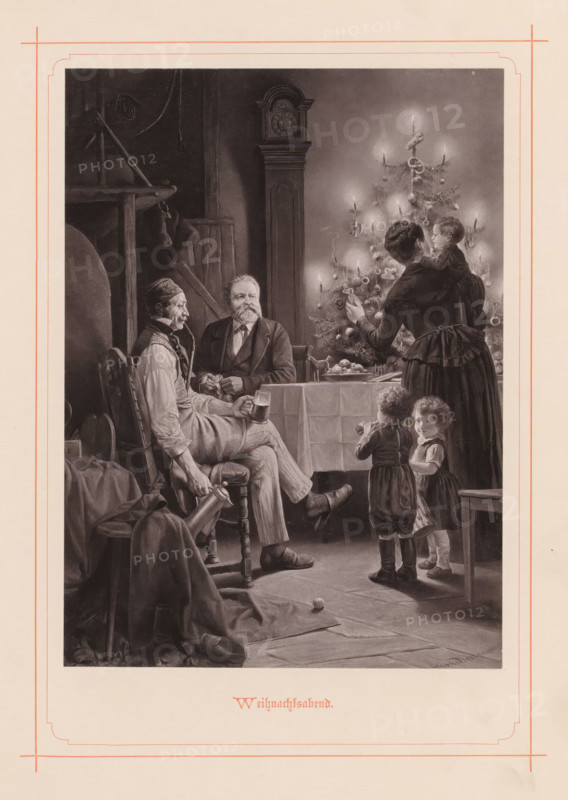 Christmas Eve, Photographic reproduction of a painting of a family at a table and a Christmas tree on Christmas Eve, reproduction, page, photomechanical print, maker: Friedrich Bruckmann, after painting by Konrad Beckmann, c. 1874 - in or before 1884, paper, collotype, photogravure, height 175 mm x width 127 mm, picture, painting, Christmas (non-liturgical celebration), Christmas tree, A monochrome scene shows an interior with a decorated tree lit by candles and ornaments, a woman holding a small child near the tree, two small children standing nearby with one drinking from a cup, and two seated men at a table covered with a cloth and objects. A tall clock stands against the wall behind the men, and various household items and draped fabrics occupy the foreground and left side. The lighting emphasizes the tree and figures, casting soft shadows across the room.