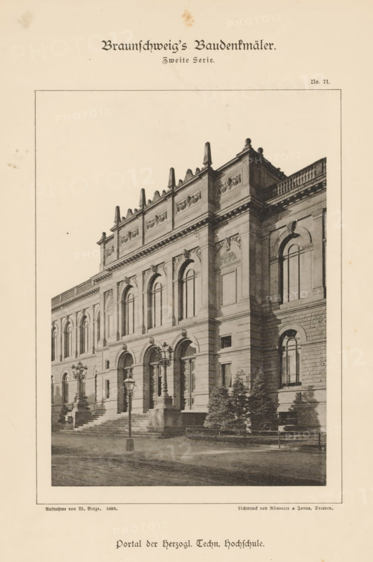 Front facade of the Herzogliche Technische Hochschule in Braunschweig, Portal des Herzogl. Tech. Hochschule, Braunschweig's Baudenkmäler, page, photomechanical print, number: 'No. 71.', photographer: W. Berge, Braunschweig, cliché maker: Römmler & Jonas, Dresden, publisher: Benno und Wilhelm Danert Goeritz, 1893, W. Berge, Römmler & Jonas, Benno und Wilhelm Danert Goeritz, photographer, cliché maker, publisher, Lower Saxony, Saxony, paper, collotype, photoprint, height 151 mm x width 108 mm, secondary education, facade (of house or building), A sepia-toned architectural illustration of a grand stone building facade featuring tall arched windows set within a richly detailed exterior, ornate cornices and sculpted relief panels along the upper story, a balustraded roofline punctuated by decorative finials, a broad staircase leading to a series of arched entranceways flanked by ornate lampposts, a paved street in front, a cluster of small trees and low railings at the building base, and a ...