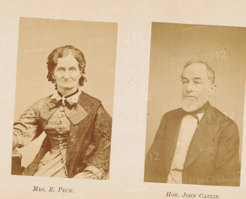 Mrs. R. Peck Hon. John Catlin, Portraits of Mrs. Peck and John Catlin, photograph, page, photographer: Jones, Madison (Wisconsin), c. 1864 - in or before 1874, paper, albumen print, height 145 mm x width 225 mm, Photos opposite page 40., Person, R. Peck, John Catlin, adult woman, adult man, Two sepia-toned portrait photographs are shown side by side on a pale background, one featuring a seated older woman with curled hair, a high-collared dress with decorative buttons and a bow at the neck, and lace or patterned fabric on her sleeves and bodice, and the other featuring a seated older man with a beard and mustache wearing a dark jacket, bow tied at the collar, and a lighter vest beneath.