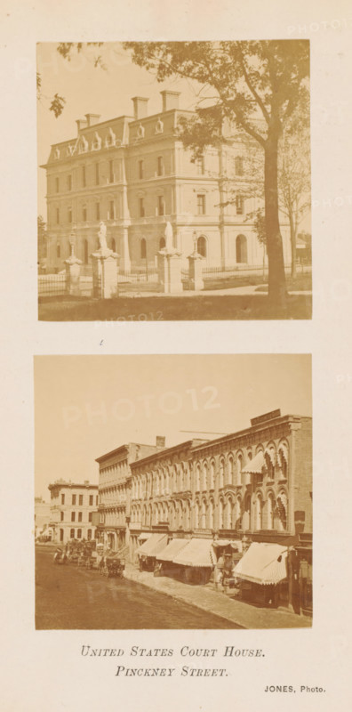 United States Court House. Pinckney Street, View of a Courthouse and Pinckney Street in Madison, photograph, page, photographer: Jones, Madison (Wisconsin), c. 1864 - in or before 1874, paper, albumen print, height 225 mm x width 145 mm, Photos opposite page 120., street, court building, A vertical image contains two sepia-toned photographs mounted on a pale background. The top photograph shows a large, ornate three-story building with a mansard roof and decorative dormer windows, set behind a wrought iron fence with stone pillars topped by statues; large trees frame the right side and upper edge of the image, and a shaded lawn is visible in front of the fence. The bottom photograph depicts a street scene with a row of multi-story commercial buildings featuring tall arched windows and awnings over the ground-level shopfronts; horse-drawn carriages and people are visible along the cobblestone roadway and sidewalk, and the facades display ornate architectural details.