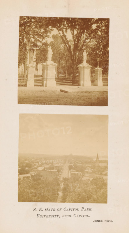 View of a gate to the park where the Wisconsin State Capitol stands and a view of Madison, SE Gate of Capitol Park. University, from Capitol, photograph, page, photographer: Jones, Madison (Wisconsin), c. 1864 - in or before 1874, paper, albumen print, height 225 mm x width 145 mm, Photos opposite page 264., city-view, and landscape with man-made constructions, gate, entrance, A vertical sheet showing two sepia photographs mounted one above the other against a pale background; the top photograph depicts a gateway with stone pillars topped by classical statues flanked by iron fencing and framed by tall trees, with a dirt foreground and leafy canopy above, while the lower photograph shows a distant panoramic view of a town with a long straight street leading toward a hazy horizon, rooftops and a church steeple visible amid trees in the foreground.
