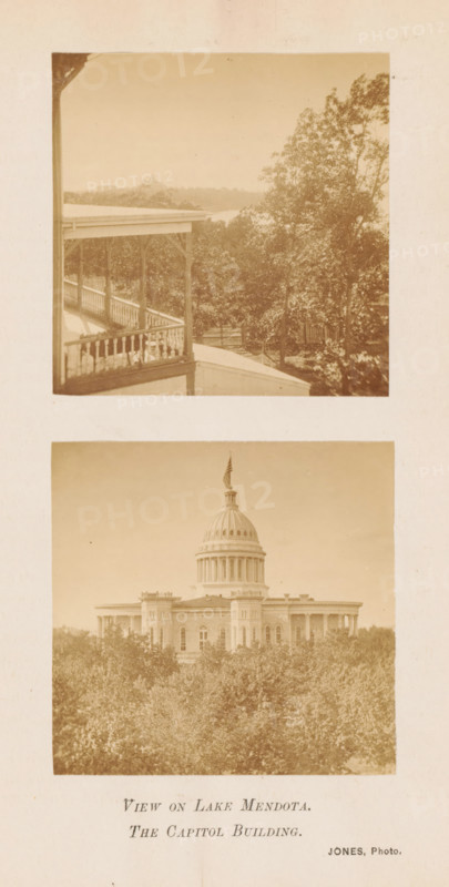 View of Lake Mendota and the Wisconsin State Capitol in Madison, View on Lake Mendota. The Capitol Building, photograph, page, photographer: Jones, Madison (Wisconsin), c. 1864 - in or before 1874, paper, albumen print, height 225 mm x width 145 mm, Photos opposite page 296., lake, state, law, political life, A sepia-toned image composed of two stacked photographs on a page: the top photograph shows a wooden porch with balustrades extending along the left edge, overlooking trees and a distant shoreline with faint structures on the horizon; the lower photograph depicts a domed capitol-style building rising above a dense canopy of trees, with a flag atop the dome and classical architectural details on the façade.