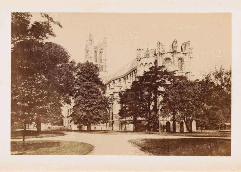 The Cathedral, Lady's Chapel, View of Canterbury Cathedral, photograph, page, number: '25673', Canterbury Cathedral, c. 1882 - in or before 1892, photographer, Kent, Canterbury, paper, albumen print, height 113 mm x width 174 mm, church (exterior), parts of church exterior and annexes: chapel, A sepia-toned photograph showing a large stone building with gothic architectural features partially obscured by tall leafy trees, a curved pathway in the foreground bordered by grassy areas, arched windows and buttresses visible on the building, a tall tower rising behind the trees, and scattered smaller trees and shrubbery around the structure.