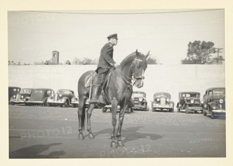Police officer on horseback, Hoboken pier, New York, United States, Traffic officer in front of the pier, photograph, title: 'TRAFFIC OFFICER, IN FRONT OF THE PIER.', photographer: attributed to Wouter Cool, United States of America, 1936, North America, Attributed to, pasteboard, paper, gelatin silver print, height 155 mm x width 227 mm, height 315 mm x width 286 mm, policeman, constable, pier, quay, wharf, A black and white photograph showing a person in a uniform and cap seated on a dark horse in the foreground, the horse facing slightly toward the camera with visible tack and a long tail, and a row of vintage cars parked in front of a high light-colored wall behind them, with part of a small tower and some trees visible above the wall and a paved surface under the horse and cars.
