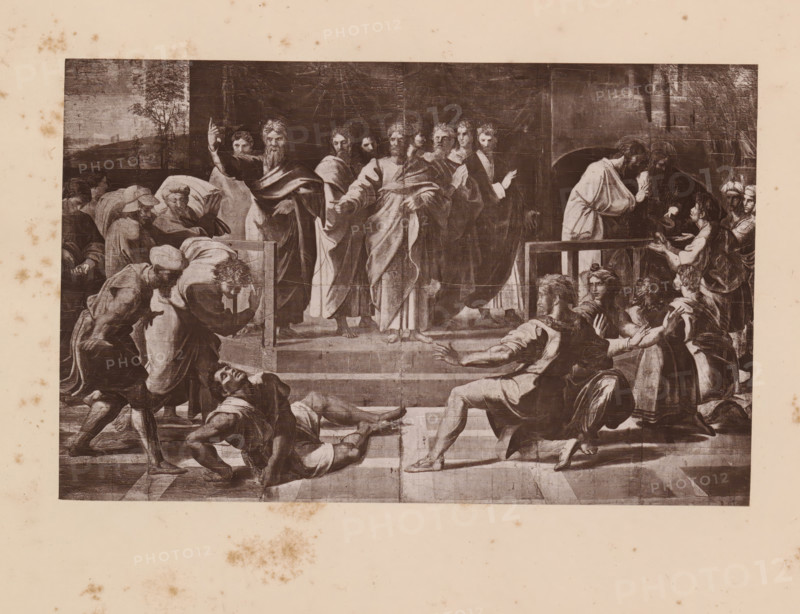 Death of Ananias, Reproduction of a design of The Death of Ananias by Raphael, reproduction, photomechanical print, This print is part of a cover with 9 sheets., photographer: Charles Thurston Thompson, after design by Raphael, c. 1880 - in or before 1885, paper, Woodburytype, Woodburytypie, height 120 mm x width 188 mm, Ananias, rebuked by Peter, falls down and dies between his gifts, A large sepia-toned reproduction of a classical painting shows a group of robed figures gathered on a stepped platform, with several central figures standing and gesturing while others kneel or recline on the steps; the standing figures wear flowing garments and cloaks, some with beards and long hair, and one raises an arm with a pointing finger, while to the right a figure leans over a railing toward a seated group that includes women and a child receiving a bowl; in the foreground muscular, partially clad men lie and scramble on the floor and steps, reaching or turning toward the central scene; the bac...