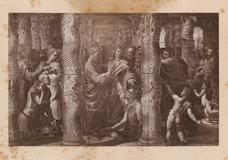 Peter and John at the Beautiful Gate of the Temple, Reproduction of a design by Raphael of Peter and John healing a lame man at the temple gate, Reproduction of a design of The Healing of a Lame Man by Raphael (former title), reproduction, photomechanical print, This print is part of a 9-sheet cover., photographer: Charles Thurston Thompson, after design by Raphael, c. 1880 - in or before 1885, paper, Woodburytype, Woodburytypie, height 123 mm x width 195 mm, healing of a lame beggar at the Beautiful Gate of the temple by Peter and John (Acts 3 - 4:31), A sepia-toned classical scene framed by ornate spiral columns shows a group of robed and partially nude figures in a columned interior; central figures in flowing garments gesture toward a kneeling man while other standing figures look on, some holding drapery and one carrying a child, and decorative sculptural details cover the columns and background surfaces.