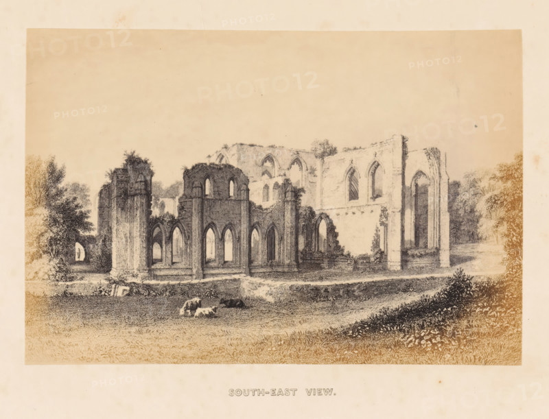 South-east view, photograph, reproduction, page, after drawing by anonymous, c. 1859 - in or before 1864, photographer, paper, albumen print, height 118 mm x width 175 mm, ruin of church, monastery, Cumbria, Furness Abbey, A sepia-toned illustration of ruined stone architecture with tall arched windows and partially collapsed walls set in a grassy landscape, flanked by areas of dense trees and shrubs, with scattered stones and low vegetation in the foreground and a few grazing animals near the center foreground.