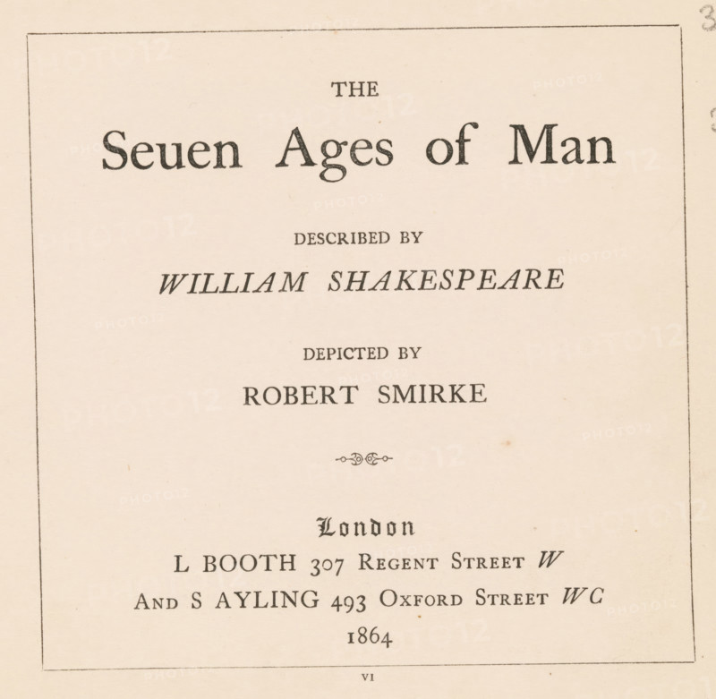 The seuen ages of man, book, writer (clerical worker): William Shakespeare, publisher: Lionel Booth, London, publisher: Stephen Ayling, 1864, writer (clerical worker), textile materials, pasteboard, paper, linen (material), printing, albumen print, color on cut, height 144 mm x width 139 mm x thickness 8 mm, A vertically oriented page with a thin rectangular border and printed lines of serif text arranged in centered blocks, a decorative flourish near the middle, and an overall light cream paper background with small scattered brown specks.