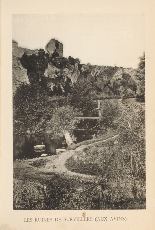 View of the ruins of Château de Survillers, Les Ruines de Survillers (aux Avins), page, photomechanical print, photographer: attributed to Victor Gaillard, Liège, cliché maker: attributed to Emile Aubry, Brussels, c. 1885 - in or before 1890, Attributed to, paper, collotype, photoprint, height 153 mm x width 104 mm, landscape with ruins, A vertical black and white photograph showing a rocky hillside with a prominent jagged rock formation near the top and dense vegetation on the slopes, a winding dirt path leading from the foreground toward the middle ground, a calm body of water with a few visible stones near its edge, scattered trees and bushes of varying sizes, a small wooden structure or bridge partially obscured by foliage spanning a narrow channel, and lighter sky above the ridge.