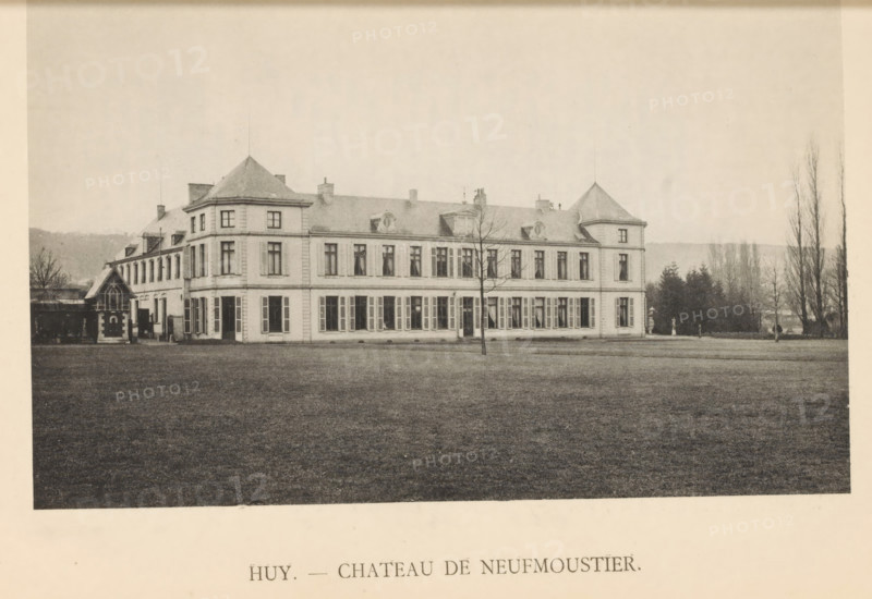 Huy. - Chateau de Neufmoustier, View of the castle of Neufmoustier, page, photomechanical print, photographer: attributed to Victor Gaillard, Huy, cliché maker: attributed to Emile Aubry, Brussels, c. 1885 - in or before 1890, Hoei, Attributed to, paper, collotype, photoprint, height 103 mm x width 155 mm, castle, A wide view of a large rectangular stone building with two prominent corner towers and a central roofline, rows of tall windows with shutters on the ground level and windows on the upper level, a small bare tree in front of the building, a grassy foreground stretching to the base of the building, additional trees and shrubbery to the right, a small decorative structure attached to the left side of the building, and a pale sky above.