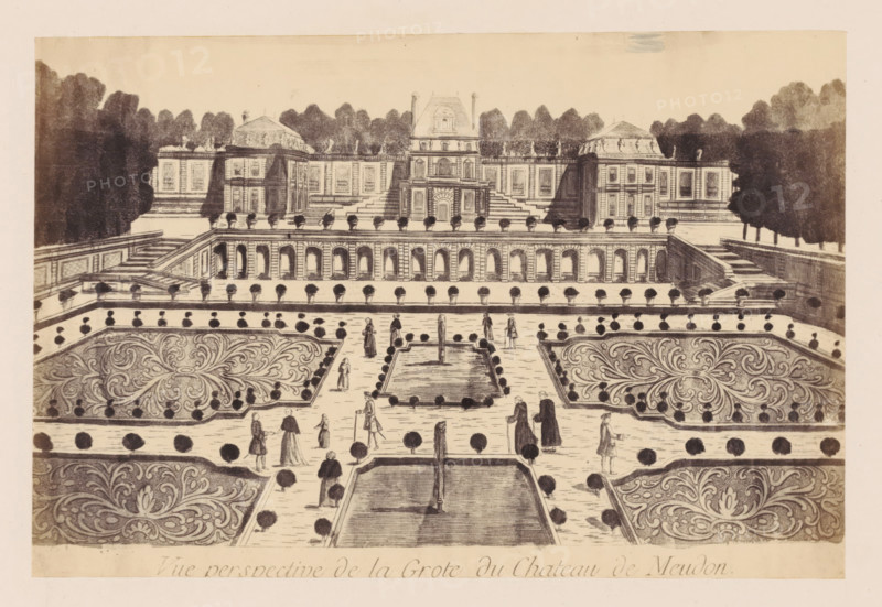 Photo reproduction of a design of the grotto of the Château de Meudon, photograph, reproduction, This photo is part of a cover with 38 photos and 17 text sheets., check stamp: 'PHOTOGRAPHIE des DEUX MONDES, PIERRE PETIT, 31, Rue Cadet, PARIS', number: '11', photographer: Pierre Petit, Paris, after design by anonymous, c. 1860 - in or before 1865, paper, albumen print, height 130 mm x width 194 mm, castle, cave, grotto, Meudon, Château de Meudon, A sepia-toned engraving shows a formal garden with patterned parterres and rectangular reflecting pools separated by walkways lined with small round topiary; figures in period dress stroll and stand along the paths; beyond the garden a raised terrace with an arcade of arches supports a balustrade topped by evenly spaced urn-shaped plants; steps and platforms lead up to a large symmetrical stone building with a central pavilion flanked by lower wings and ornamental roof elements, and rows of trees form a dark backdrop behind the architecture.