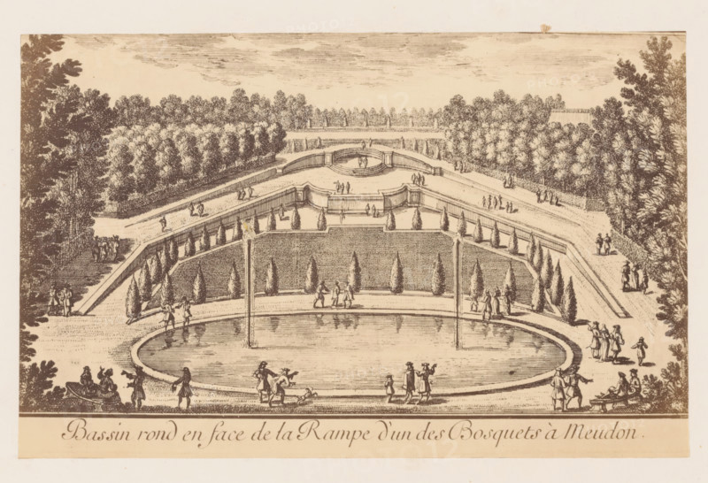 Photographic reproduction of a design for a round pond for a slope in the garden of the Château de Meudon, photograph, reproduction, This photo is part of a cover with 38 photos and 17 text sheets., check stamp: 'PHOTOGRAPHIE des DEUX MONDES, PIERRE PETIT, 31, Rue Cadet, PARIS', number: '16', photographer: Pierre Petit, Paris, after design by anonymous, c. 1860 - in or before 1865, paper, albumen print, height 122 mm x width 191 mm, park, garden pond, Meudon, Château de Meudon, A sepia-toned engraved scene showing a formal garden with a large oval reflecting pool in the foreground, two vertical jets of water shooting up from its edges, and people walking and standing along the poolside and nearby paths. Terraced stone balustrades rise behind the pool with symmetrically placed conical shrubs and paved walkways leading to an elevated circular platform with a low railing. More visitors are depicted on the terraces and along the axial paths, which extend into a tree-lined avenue framed by ...