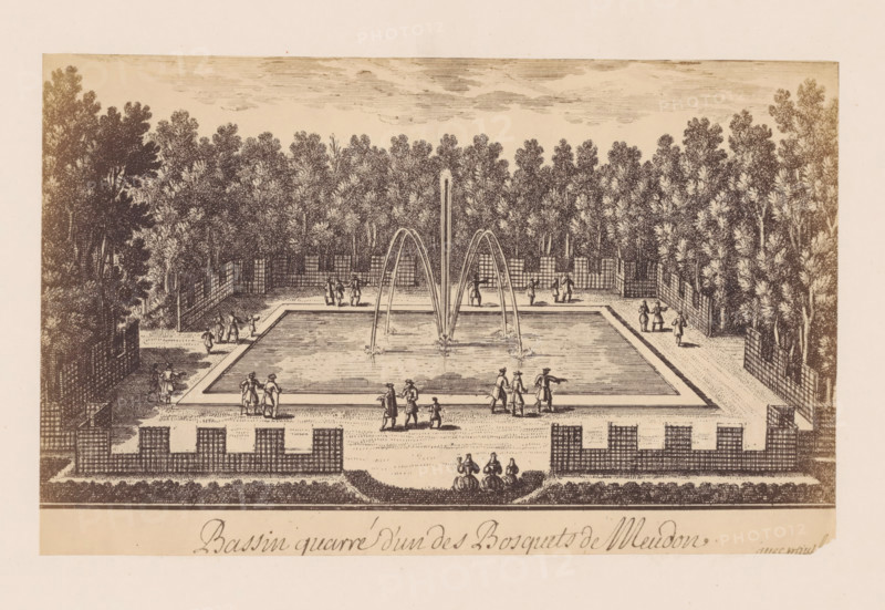 Photo reproduction of a design for a square pond in the garden of the Château de Meudon, photograph, reproduction, This photo is part of a cover with 38 photos and 17 text sheets., check stamp: 'PHOTOGRAPHIE des DEUX MONDES, PIERRE PETIT, 31, Rue Cadet, PARIS', number: '17', photographer: Pierre Petit, Paris, after design by anonymous, c. 1860 - in or before 1865, paper, albumen print, height 125 mm x width 199 mm, park, garden pond, Meudon, Château de Meudon, A rectangular reflecting pool is centered in a formal garden, surrounded by low stone edging and paved walkways, with three tall arched water jets rising from the pool and small water sprays at their bases; finely detailed trees form a dense wooded backdrop behind a lattice fence that borders the garden, and a variety of figures in period clothing stand, walk, and converse along the pool edges and paths, including small groups and pairs, while ornamental low walls and square trellis structures frame the foreground and corners.