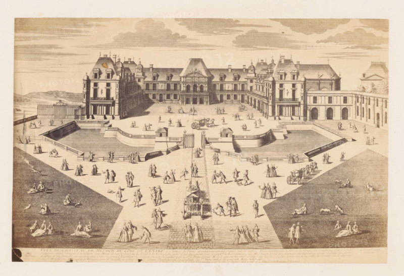 Photo reproduction of a design of a view of the Château de Meudon, seen from the entrance to the estate, photograph, reproduction, This photo is part of a cover with 38 photos and 17 text sheets., number: '24', check stamp: 'PHOTOGRAPHIE des DEUX MONDES, PIERRE PETIT, 31, Rue Cadet, PARIS', photographer: Pierre Petit, Paris, after design by anonymous, c. 1860 - in or before 1865, paper, albumen print, height 133 mm x width 205 mm, castle, Meudon, Château de Meudon, A wide engraved view shows a large formal building with symmetrical wings, ornate rooflines with dormer windows and chimneys, and a central pediment above a colonnaded entrance; a paved avenue leads to a gated stairway and a raised terrace with balustrades and rectangular water basins flanking the entrance; numerous small figures in period dress populate the foreground and terraces, including groups walking, standing, conversing, and a horse-drawn carriage; sloped grassy areas on either side contain scattered seated and recl...