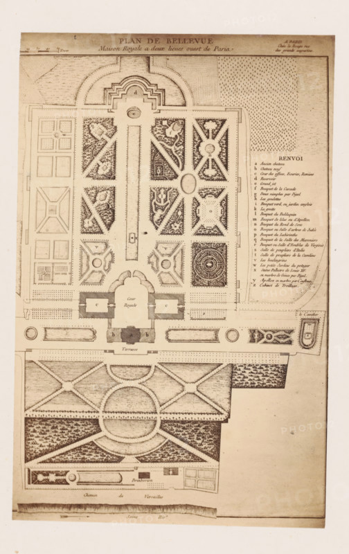 Photo reproduction of a map of the gardens of Château Belle-Vue in Meudon, photograph, reproduction, This photo is part of a cover with 38 photos and 17 text sheets., check stamp: 'PHOTOGRAPHIE des DEUX MONDES, PIERRE PETIT, 31, Rue Cadet, PARIS', number: '45', photographer: Pierre Petit, Paris, after design by anonymous, c. 1860 - in or before 1865, paper, albumen print, height 206 mm x width 132 mm, garden, Meudon, Chateau de Bellevue, A vertical sepia-toned architectural plan showing a formal garden layout with symmetrical geometric beds, pathways, and ornamental shapes; the upper portion features a semicircular terrace with layered steps leading into a long central axis flanked by rectangular parterres filled with intricate patterned planting designs and small circular and oval features; side compartments contain crosshatched patterned areas and maze-like ornamental beds with repeating motifs; the central area includes a large oval feature set within radiating walkways and adjacent...
