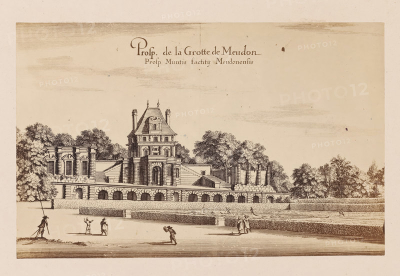 Photo reproduction of a design for the grotto at the Château de Meudon, photograph, reproduction, This photo is part of a cover with 38 photos and 17 text sheets., check stamp: 'PHOTOGRAPHIE des DEUX MONDES, PIERRE PETIT, 31, Rue Cadet, PARIS', number: '4', photographer: Pierre Petit, Paris, after design by anonymous, c. 1860 - in or before 1865, paper, albumen print, height 128 mm x width 199 mm, castle, cave, grotto, Meudon, Château de Meudon, A sepia-toned architectural engraving showing a large classical building with an ornate central pavilion, arched lower level, and flanking terraces with stairs, set against rows of trees and hedges; small human figures are scattered across the foreground, some walking and some engaged in activity, while one figure stands in water holding a long pole.