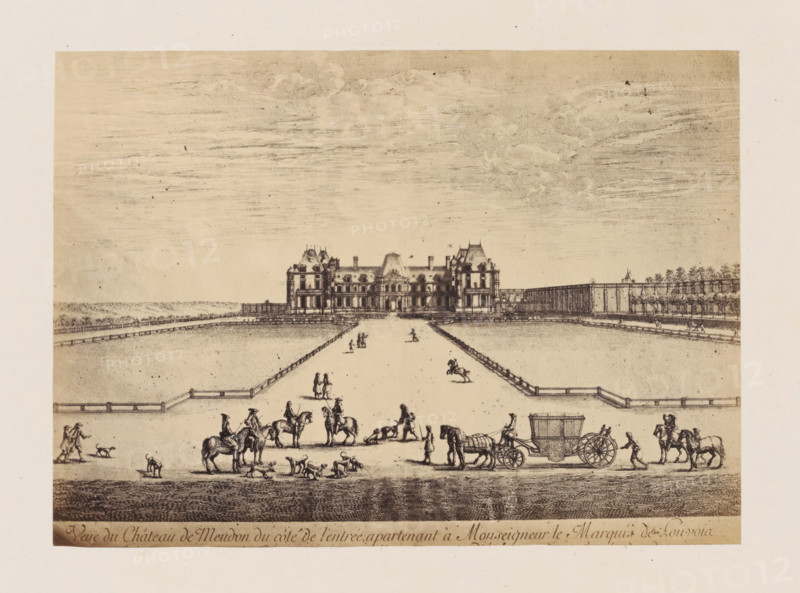 Photo reproduction of a design of a view of the Château de Meudon, seen from the entrance to the estate, photograph, reproduction, This photo is part of a cover with 38 photos and 17 text sheets., number: '5', check stamp: 'PHOTOGRAPHIE des DEUX MONDES, PIERRE PETIT, 31, Rue Cadet, PARIS', photographer: Pierre Petit, Paris, after design by anonymous, c. 1860 - in or before 1865, paper, albumen print, height 134 mm x width 186 mm, castle, Meudon, Château de Meudon, A wide etching shows a long formal avenue leading to a large ornate chateau with multiple steep roofs and chimneys centered in the background, flanked by low walls and rows of trees and fences. In the foreground there are groups of people and mounted riders, a horse-drawn ornate carriage, attendants on foot, and several dogs scattered across the open paved area. The sky above is filled with horizontal lines and faint cloud shapes.