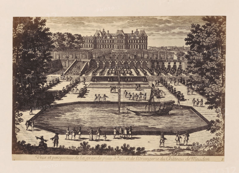Photo reproduction of a design of a view of the Château de Meudon, with a water feature and orangery in the foreground, photograph, reproduction, This photo is part of a cover with 38 photos and 17 text sheets., check stamp: 'PHOTOGRAPHIE des DEUX MONDES, PIERRE PETIT, 31, Rue Cadet, PARIS', number: '8', photographer: Pierre Petit, Paris, after design by anonymous, c. 1860 - in or before 1865, paper, albumen print, height 136 mm x width 199 mm, castle, garden pond, greenhouse, orangery, Meudon, Château de Meudon, An engraved view shows a formal garden centered on a large rectangular basin with a small sailing boat moored near its edge, surrounded by paved walkways and rows of low ornamental plants; figures in period clothing stroll and gather around the basin and on terraces, where staircases lead up to a raised parterre filled with symmetrical beds and clipped topiary; behind the terraces stands a multi-story mansion with numerous windows, dormer roofs, and ornate balustrades, framed ...