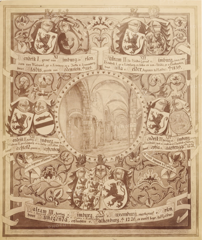 Photo reproduction of a drawing of a family tree, from Henry I, Count of Limburg, to Walram III, album page, photograph, reproduction, This photo is part of an album., after drawing by Gerard Slits, Rolduc, c. 1869 - in or before 1874, photographer, Kerkrade, pasteboard, paper, albumen print, height 183 mm x width 154 mm, family lineage, pedigree, genealogical tree or table, series of rulers, A decorative sepia illustration featuring a central circular window revealing an arched stone interior with a vaulted corridor and rows of columns, surrounded by ornate floral and scrollwork borders, heraldic shields bearing animal figures and patterned designs, topped by helmets and mantling, and interwoven ribbons and decorative motifs filling the corners and edges.