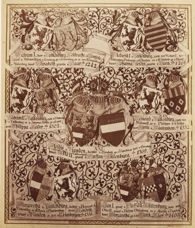Photo reproduction of a drawing of a family tree, from Walram I, Lord of Valkenburg, to Jan I, Count of Nassau-Dillenburg, album page, photograph, reproduction, This photo is part of an album., after drawing by Gerard Slits, Rolduc, c. 1869 - in or before 1874, photographer, Kerkrade, pasteboard, paper, albumen print, height 184 mm x width 155 mm, family lineage, pedigree, genealogical tree or table, series of rulers, A decorative panel filled with ornate vine and floral scrollwork surrounding multiple heraldic shields and helmets, some crowned, arranged symmetrically in horizontal bands; the shields display various animal figures and geometric patterns, and several banners or ribbons weave among the designs; the overall color is a sepia tone with darker inked outlines and shading, and there are rectangular borderlines framing the entire composition.