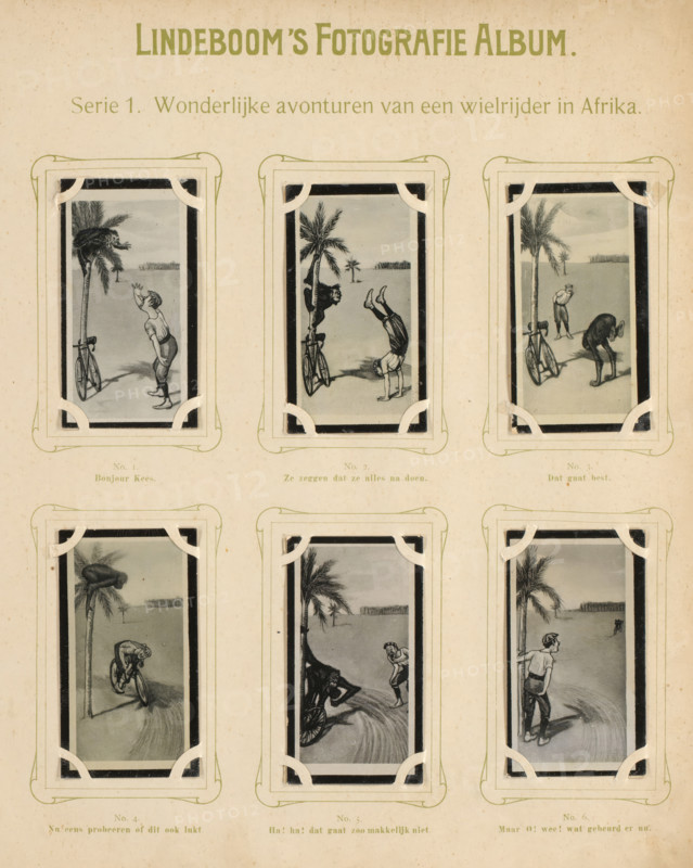 Six reproductions of drawings of a cyclist by a palm tree with a monkey in Africa, Wonderful adventures of a cyclist in Africa, album page, reproduction, photomechanical print, These prints are part of an album., inscription: 'Series 1.', after drawing by anonymous, publisher: BJ Lindeboom & Zonen, Amsterdam, 1905 - 1906, pasteboard, paper, collotype, photogravure, height 300 mm x width 238 mm, Such prints were known as 'blackies'. They were obtained when purchasing certain brands of tea, cocoa, cigarettes, biscuits, etc. for collecting. There were collector albums in circulation specially produced for the 'blackies'., riding, cycling (recreation), monkeys, apes, Africa, A cream-colored page with a heading at the top and three columns of rectangular illustrated vignette frames arranged in two rows, each frame held by decorative corner mounts; each vignette shows a coastal scene with palm trees and a sandy foreground featuring men in early cycling attire and bicycles in various poses, i...