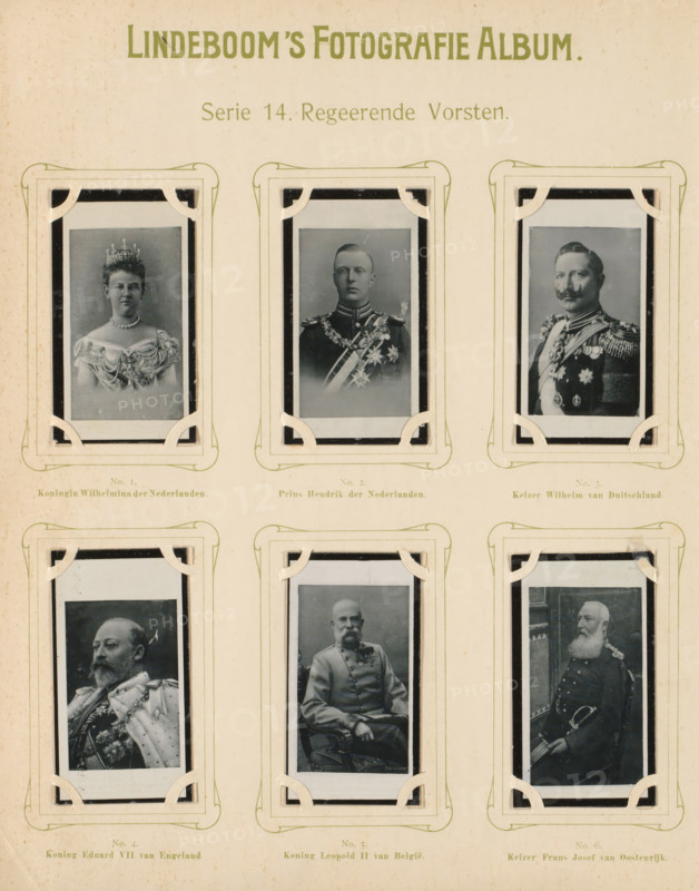 Six reproductions of photographic and painted portraits of European monarchs, Reigning monarchs, album page, reproduction, photomechanical print, These prints are part of an album., inscription: 'Series 14.', after photo by anonymous, after painting by anonymous, publisher: BJ Lindeboom & Zonen, Amsterdam, 1905 - 1906, pasteboard, paper, collotype, photogravure, height 300 mm x width 238 mm, Such prints were known as 'blackies'. They were obtained for collecting when purchasing certain brands of tea, cocoa, cigarettes, biscuits, etc. There were collector albums in circulation specially produced for the 'blacks'., Person, Hendrik (Prince of the Netherlands (1876-1934)), Wilhelm II (Emperor of Germany), Franz Joseph I Karl (Emperor of Austria), Edward VII (King of the United Kingdom), Wilhelmina of the Netherlands, Leopold II (King of the Belgians), historical persons, king, queen, emperor, A cream-colored page with decorative green borders displaying six mounted black-and-white portrait...