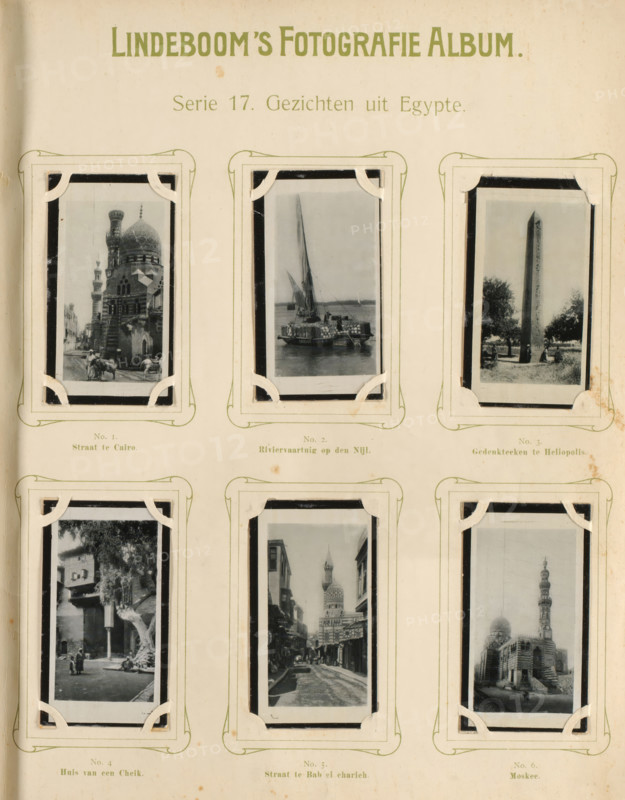 Six reproductions of photographed faces from Egypt, Faces from Egypt, album page, reproduction, photomechanical print, These prints are part of an album., inscription: 'Series 17.', after photo by anonymous, Egypt, publisher: BJ Lindeboom & Zonen, Amsterdam, 1905 - 1906, North Africa, pasteboard, paper, collotype, photogravure, height 300 mm x width 238 mm, Such prints were known as 'little blacks'. They were obtained when purchasing certain brands of tea, cocoa, cigarettes, biscuits, etc. for collecting. There were collector albums in circulation specially produced for the 'blacks'., city-view in general, 'veduta', Ottoman Empire, Cairo (city), Nile, Heliopolis, A cream colored album page with decorative rectangular photo mounts arranged in a grid, each mount holding a black and white vertical photograph showing architectural scenes and street views; the top row shows a domed building and minaret in the left photo, a sailboat on a river in the center, and a tall obelisk with surroundi...