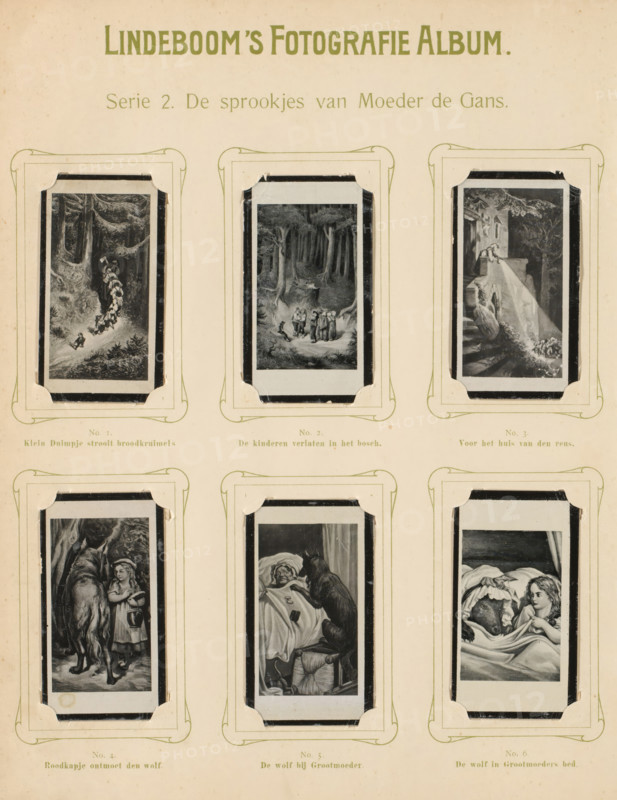 Six reproductions of drawings of scenes from the fairy tales Little Thumb and Little Red Riding Hood, The Tales of Mother Goose, album page, reproduction, photomechanical print, These prints are part of an album., inscription: 'Series 2.', after drawing by anonymous, publisher: BJ Lindeboom & Zonen, Amsterdam, 1905 - 1906, pasteboard, paper, collotype, photogravure, height 300 mm x width 238 mm, Such prints were known as 'blackies'. They were obtained when purchasing certain brands of tea, cocoa, cigarettes, biscuits, etc. for collecting. There were collector albums in circulation specially produced for the 'blackies'., tales and fairy tales: Little Red Riding-hood, tales and fairy tales: Little Thumbling, A vertically oriented aged paper sheet shows six framed rectangular illustrations arranged in two columns and three rows, each illustration mounted within decorative corner holders and surrounded by thin borders; the top area contains a large heading and a line of smaller text beneat...