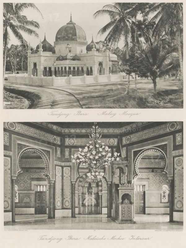 Tandjong Poera Malay Mosque (above), Tandjong Poera Malay Mosque. Interior (below), Exterior (above) and interior (below) of a Malay mosque in Tanjungpura, photomechanical print, Part of Album with heliogravures of Sumatra's east coast., number: '15', photographer: Carl J. Kleingrothe, Tanjungpura, cliché maker: Johann Baptist Obernetter, Munich, in or before 1898, Carl J. Kleingrothe, Johann Baptist Obernetter, photographer, cliché maker, Bavaria, Sumatra, paper, photoaquatint, heliogravure, height 129 mm x width 219 mm, height 130 mm x width 217 mm, temple, shrine, Islam, Mohammedanism, A black-and-white image showing an exterior view of a domed mosque set behind a low decorative wall, with a curved road leading toward it and tall palm trees surrounding the building; the mosque has multiple domes, arched openings, columns, and ornamental pinnacles, and the foreground shows textured ground and shadows from the trees.