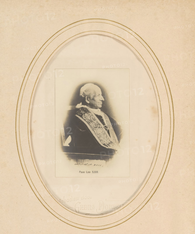 Portrait of Pope Leo Dobbelmann, Soap manufacturers, Nijmegen, series 8. No 4', 1878 - 1890, photographer, paper, pasteboard, gelatin silver print, developing gelatin silver print, height 137 mm x width 97 mm, Person, Leo XIII, historical persons, pope, A sepia-toned oval-framed photograph shows an elderly man in profile seated and facing to the right, wearing ornate ceremonial vestments with intricate embroidered patterns and a high collar, his hair thin and combed back, with a composed facial expression; the inner photograph is mounted on a lighter rectangular mat inside a textured beige background with multiple concentric oval lines forming the frame.