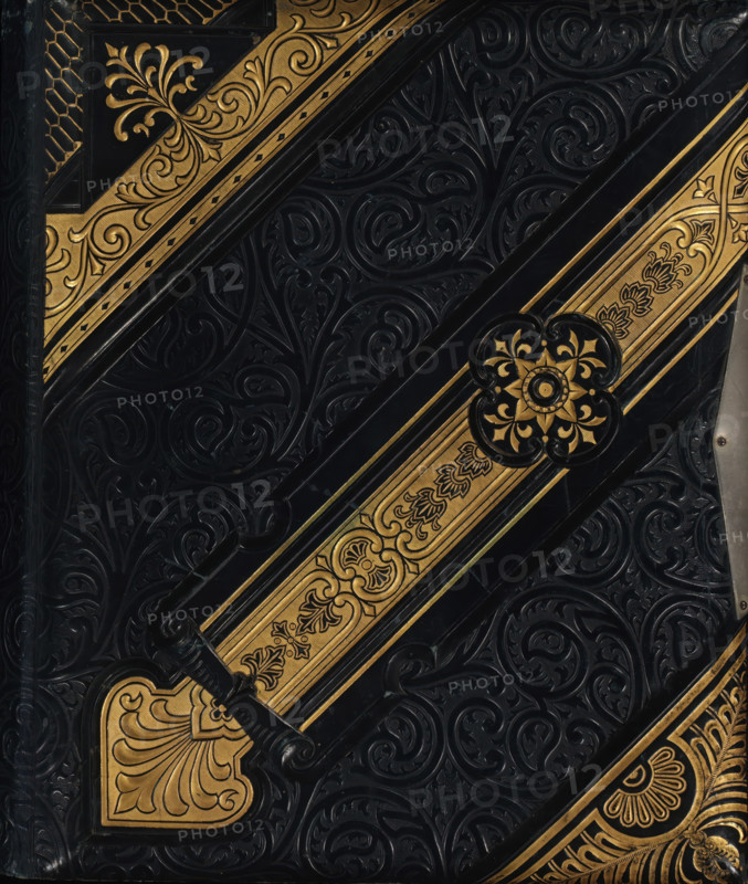 Photo album (empty), photograph album, slip-in album, Photo album with 32 pages with either a passe-partout framed with gold lines for a cabinet photo, or 1 or 2 passe-partouts framed with gold lines for cartes-de-visite. Some pages are decorated with flowers in cliché. In total, the album has space for 18 cabinet photos and 24 cartes-de-visite., collector's mark: 'DIENST, VERSPREIDE, RIJKSKOLLEKTIES, A 838', 1860 - 1900, pasteboard, biological material, inorganic material, paper, leather, metal, printing block, color on edge, gold print, cardboard slip-in album, covered with dark blue leather with embossed decorations on front, back cover and spine, on the front cover partly printed in gold, decorative border printed in gold along the inside of the boards, four metal knobs on back cover, metal clasp, endpapers of iridescent paper, cardboard pages with gold on edge, some decorated with flowers in cliché, height 235 mm x width 206 mm x thickness 58 mm x width 397 mm, A close view of a d...