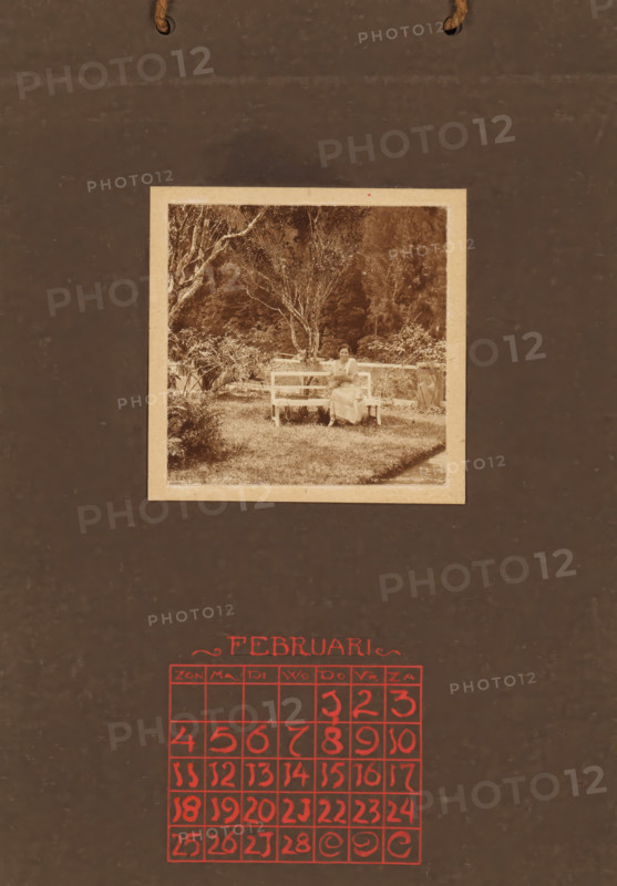 Woman with a cat in her arms on a white bench in a garden, album page, photograph, This photo is part of an album., annotation: 'FEBRUARY, ', Indonesia, 1880 - in or before 1923, photographer, pasteboard, paper, daylight collodion silver print, height 78 mm x width 77 mm, garden, adult woman, cat, bench, A sepia photograph of a person seated on a wooden bench in a grassy garden area, framed by trees and plants, is mounted on a dark textured background with two short hanging cords visible near the top; below the photograph a red grid of squares is arranged in a rectangular block.