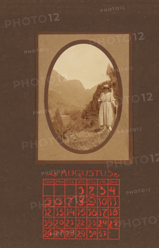 Landscape with mountains, with a female traveler with a hat in the foreground, album page, photograph, This photo is part of an album., annotation: 'AUGUSTUS, ', Indonesia, 1880 - in or before 1923, photographer, pasteboard, paper, daylight collodion silver print, height 98 mm x width 65 mm, adult woman, travelling, tourism, mountains, A sepia-toned photograph framed in an oval mat shows a woman standing on a grassy hillside with a mountainous valley behind her; she wears a checked dress with a belt at the waist and a wide-brimmed hat, and she rests one hand on a walking stick while the other hangs by her side, with trees and shrubs visible on the slope near her and layered hills rising into the hazy sky; below the framed photo a decorative heading in stylized red lettering appears above a grid of red hand-drawn squares containing red handwritten numerals.