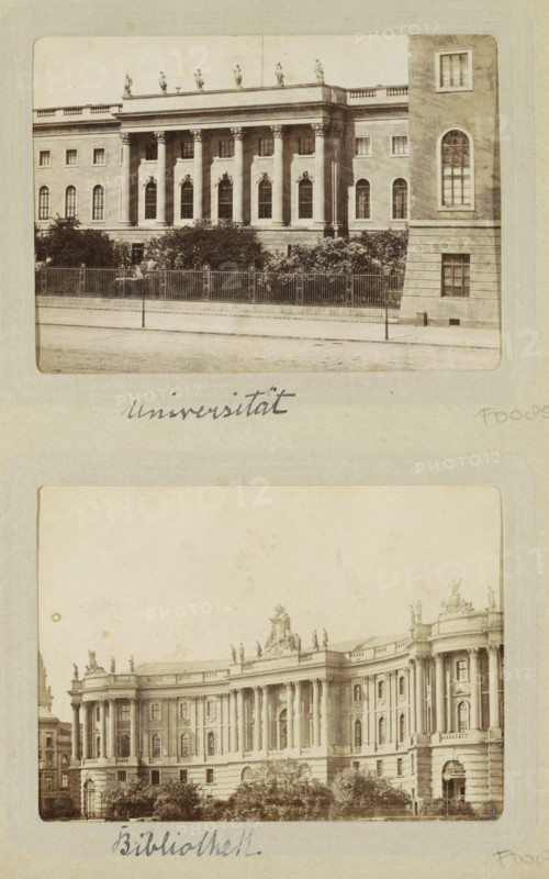 Exterior of the library of the Humboldt University in Berlin, photograph, cabinet photograph, Part of Photo album of Carl Heinrich Fliegenschmidt, prison director at Oslebshausen., inscription: 'C. Fliegenschmidt Bibliothek', Berlin, c. 1890 - c. 1910, photographer, pasteboard, paper, albumen print, height 78 mm x width 110 mm, facade (of house or building), university building, college, A vertical sheet showing two sepia photographs of grand classical buildings mounted one above the other, each bordered by rounded rectangular frames on aged paper; the top photograph depicts a façade with tall fluted columns supporting a portico, decorative window surrounds, a low balustrade along the roofline with sculpted figures, a metal fence and shrubbery in front, and a taller corner tower with arched windows on the right; the bottom photograph shows a curved monumental building with rows of Corinthian columns, ornate cornices and sculptural groups along the roofline, multiple arched and rectangu...