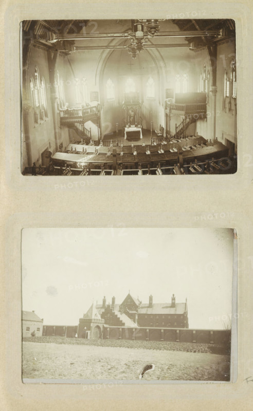 Church within the walls of Oslebshausen prison, photograph, Part of Photo album of Carl Heinrich Fliegenschmidt, prison director at Oslebshausen., Oslebshausen, c. 1890 - c. 1910, photographer, Bremen (city), pasteboard, paper, daylight paper print, height 78 mm x width 110 mm, fence, wall, paling, prison, jail, dome, architecture, gate, entrance, A faded black and white photograph of an interior space showing a vaulted ceiling with ornate beams and a central hanging fixture above rows of wooden pews that curve toward a raised altar area framed by arched windows; the altar area features a central decorative screen or reredos, flanked by staircases leading to small balconies on both sides, tall narrow stained glass windows along the side walls, and wooden railings and pillars throughout, with soft light streaming through the windows and casting highlights on the interior surfaces.