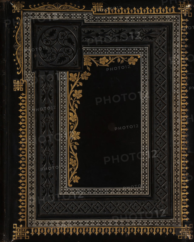 Photo album (empty), photograph album, slip-in album, Photo album with forty pages, each page featuring a passe-partout framed with gold lines for a cabinet photo., collector's mark: 'DIENST, VERSPREIDE, RIJKSKOLLEKTIES, A 856', 1860 - 1900, pasteboard, biological material, inorganic material, paper, leather, metal, color on edges, cardboard slip-in album, covered in black leather with embossed decorative edges on front and back covers, the front cover partly printed in gold and silver, four metal knobs on the back cover, incomplete metal clasp, endpapers of iridescent paper, cardboard pages with gold edges, height 216 mm x width 172 mm x thickness 58 mm x width 340 mm, A dark rectangular surface with multiple ornate borders featuring geometric and floral motifs in gold and silver tones surrounds a central solid black panel; the top left corner contains a raised circular carved medallion with swirling cutout shapes, and vertical and horizontal bands with repeating diamond and star patt...