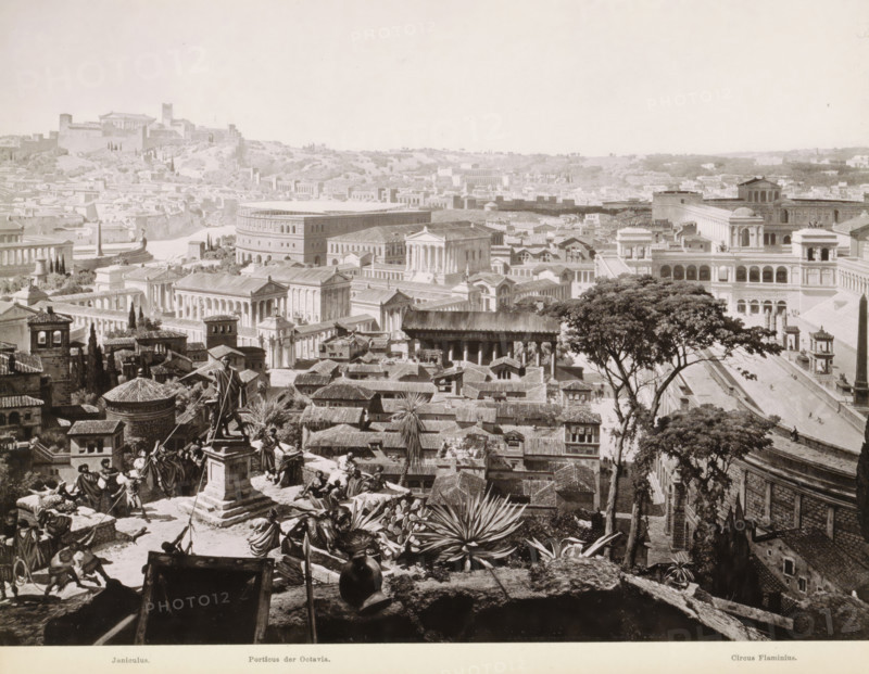 View of ancient Rome: the Janiculum, the Porticus of Octavia and the Circus Flaminius, Janiculus. - Porticus der Octavia. - Circus Flaminius., photograph, reproduction, page, Part of Panorama of ancient Rome., photographer: Franz Hanfstaengl, Munich, 1890, Bavaria, pasteboard, ink, materials by function, paper, printing ink, collotype, photoprint, height 179 mm x width 219 mm, courtyard, prospect of city, town panorama, silhouette of city, (high) hill, square, circus, etc. (city(-scape) with figures, staffage), exterior, representation of a building, structures, buildings, airfield, airport (departure and arrival, traffic and transport), Rome, Janiculum, Porticus van Octavia, Circus Flaminius, A wide grayscale cityscape seen from an elevated foreground with a ledge, pottery, spiky plants, and a group of figures gathered near a statue on a pedestal, looking over a dense cluster of rooftop terraces and narrow streets below; beyond the roofs stand a series of classical stone buildings wit...