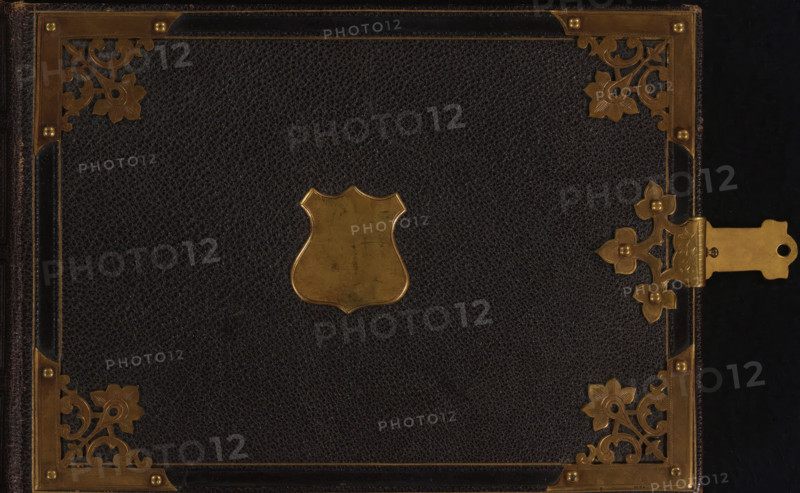 Photo album (empty), photograph album, slip-in album, Photo album with 36 pages with two gold-lined framed passe-partouts for cartes-de-visite side by side on every page., collector's mark: 'DIENST, VERSPREIDE, RIJKSKOLLEKTIES, A 910', 1860 - 1900, leather, pasteboard, biological material, inorganic material, paper, morocco (leather), metal, color on edges, cardboard slip-in album, covered with brown saffiano leather with four metal corners and a shield on the front cover, metal fittings and clasp, endpapers of iridescent paper, cardboard pages with gold edges, height 148 mm x width 212 mm x thickness 42 mm x width 418 mm, A dark textured surface bordered by ornate metallic corner pieces and edging, with floral and scrollwork metal decorations at the corners and along the right edge, a shield-shaped metal plate centered on the surface, and a latch mechanism with decorative metal elements visible on the right side.