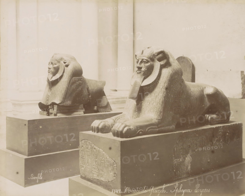 Two sphinxes in the Giza Museum, Musee de Guizeh - Sphynx Hycsos., photograph, Part of Travel Album with 80 Photos of Egypt., negative number: '1142', photographer: Maison Bonfils, Egypt, c. 1870 - c. 1898, North Africa, pasteboard, paper, albumen print, height 220 mm x width 279 mm, piece of sculpture, reproduction of a piece of sculpture (sculpture), Two stone sphinx statues rest on rectangular platforms inside a light colored gallery; the nearer sphinx faces forward with a carved humanlike face and a stylized mane and beard, its front paws extended over the edge of the base and carved panels visible on the sides of the platform, while the smaller sphinx in the background is shown in profile with a similar headdress and mane and sits on a raised block supported by wooden pads; the room shows tall pale columns and walls, and the photograph has a muted, sepia-toned appearance with some spots and surface marks.