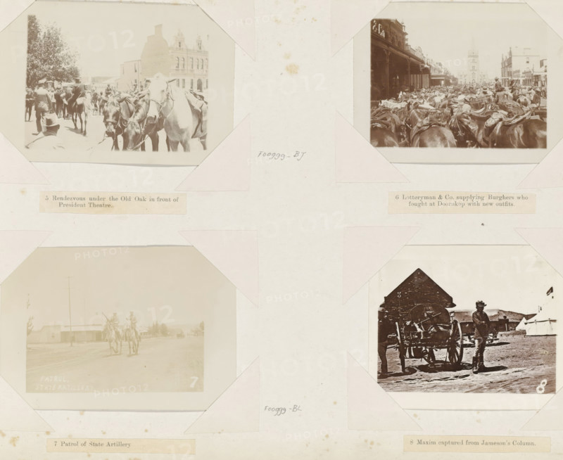 Horseeded street patrol in South Africa, Patrol of State Artillery, photograph, Part of Album with 191 photos of a trip to and through South Africa., inscription: 'Patrol State Artillery 7', South Africa, 1896, photographer, paper, daylight gelatin silver print, height 83 mm x width 121 mm, land forces (cavalry, horsemen), A pale page shows four sepia photographic corners holding in place four photographs; the top left photograph depicts a street scene with horses in the foreground and a crowd of people and a multiStorey building in the background, the top right photograph shows a crowded street filled with horses and riders with a covered walkway and a tall tower visible along the street, the lower left photograph features a dusty road with riders on horseback approaching and low buildings at the roadside, and the lower right photograph shows a man standing beside a horse-drawn wagon with a tent and a small building behind him.