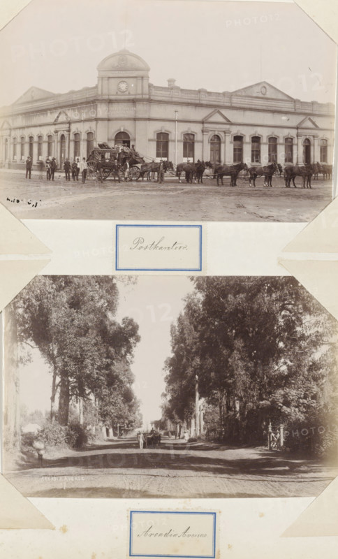Post-Office, Stagecoach with ten horses in front of the central post office in South Africa, Post office, photograph, Part of Album with 191 photos of a trip to and through South Africa., South Africa, c. 1890 - c. 1918, photographer, paper, albumen print, height 128 mm x width 200 mm, animal traction, animal-drawn vehicle (carriage etc.), A sepia-toned photograph shows a large classical building with a central clock tower and symmetrical wings, many arched windows and doorways, and a group of people gathered near a horse-drawn stagecoach with horses lined up in front; below that image a second sepia photograph shows a tree-lined avenue with tall trees forming a canopy over a dirt road, a carriage and a few figures visible on the road, and framed labels between and beneath the photographs.