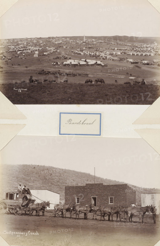 Mule-drawn coach to Zoutpansberg, Zoutpansberg Coach, photograph, Part of Album with 191 photos of a trip to and through South Africa., negative number: '30', South Africa, c. 1896 - c. 1910, photographer, paper, albumen print, height 135 mm x width 201 mm, bus, coach, animal traction, animal-drawn vehicle (carriage etc.), A sepia-toned composite image with two stacked scenes separated by a pale horizontal strip, the upper scene showing an expansive encampment on rolling terrain filled with numerous tents and covered wagons arranged across the landscape, small groups of people and scattered animals visible among the tents, a few larger structures and a tall pointed monument on the distant horizon, and a grassy foreground with grazing horses and seated figures; the lower scene depicting a dirt street in front of a low brick building with a single door and windows, a team of horses hitched to a large wooden coach with riders seated on its front, several people standing near the horses, a...