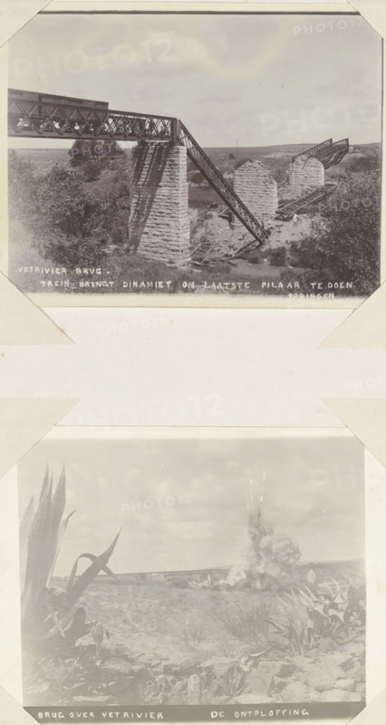 Bridge over the Vet River The explosion, Explosion at a railway bridge over the Vet River in South Africa, photograph, Part of Album with 191 photos of a trip to and through South Africa., South Africa, 1899 - 1902, photographer, paper, daylight paper print, height 149 mm x width 120 mm, bridge, A sepia-toned photograph shows a partially collapsed metal truss bridge spanning a shallow river valley, with several stone piers standing and others reduced to rubble; one intact pier supports a section of the metal framework that angles down toward the broken spans, and fragments of track and twisted metal litter the ground near the water; scrubby vegetation and trees flank the scene and a flat landscape extends to the horizon under a cloudy sky.
