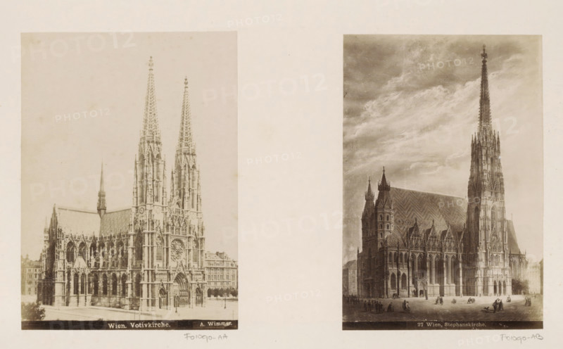 Photo reproduction of (presumably) a painting of St. Stephen's Cathedral in Vienna, Wien, Stephanskirche., photograph, reproduction, Part of a travel album with photos of sights in Germany and Austria and of artworks., negative number: '27', after painting by anonymous, c. 1870 - c. 1900, photographer, after painting by, paper, albumen print, height 145 mm x width 0 mm, church (exterior), Vienna, Lower Austria, Stephansdom, Two sepia-toned images of large Gothic cathedrals are shown side by side on a light background, each image framed by a thin border and mounted on the page. The left image shows a façade with tall ornate twin spires rising from a richly detailed front with pointed arches, tracery, statues, and a large circular window above an entrance; the rooflines and buttresses extend to the left and smaller spires punctuate the silhouette. The right image depicts a tall single spire next to a large nave with a patterned roof and a façade of pointed arches, ornate pinnacles, and d...